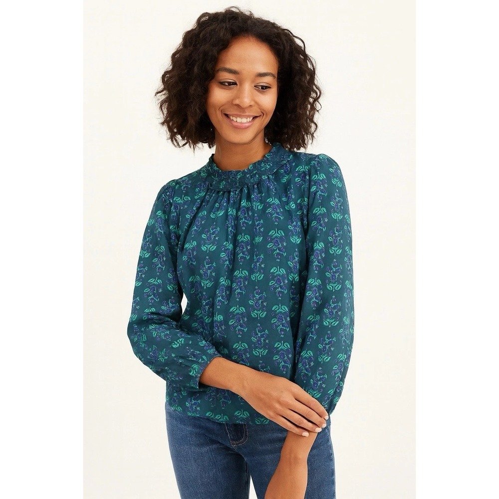 New J. Crew Ruffleneck Long Sleeve Blue Flower Poplin Blouse Cottagecore